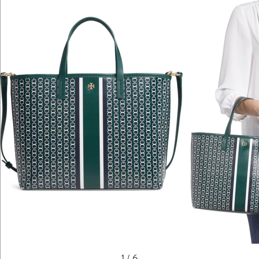 Tory Burch Green and White Logo-Print Tote